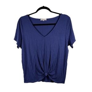 Wonderly Top Size XL Navy Blue Knot Front Rayon Short Sleeve  Knit Blouse Soft